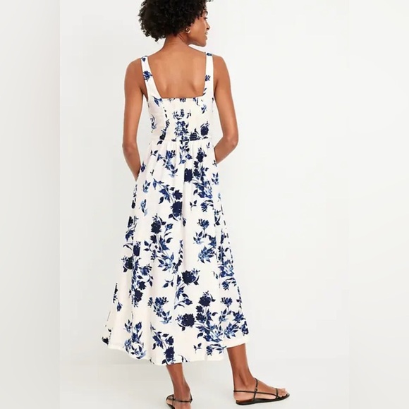 Blue and White Floral Fit & Flare Linen Blend Midi Dress Size Small Petite New - Picture 6 of 11